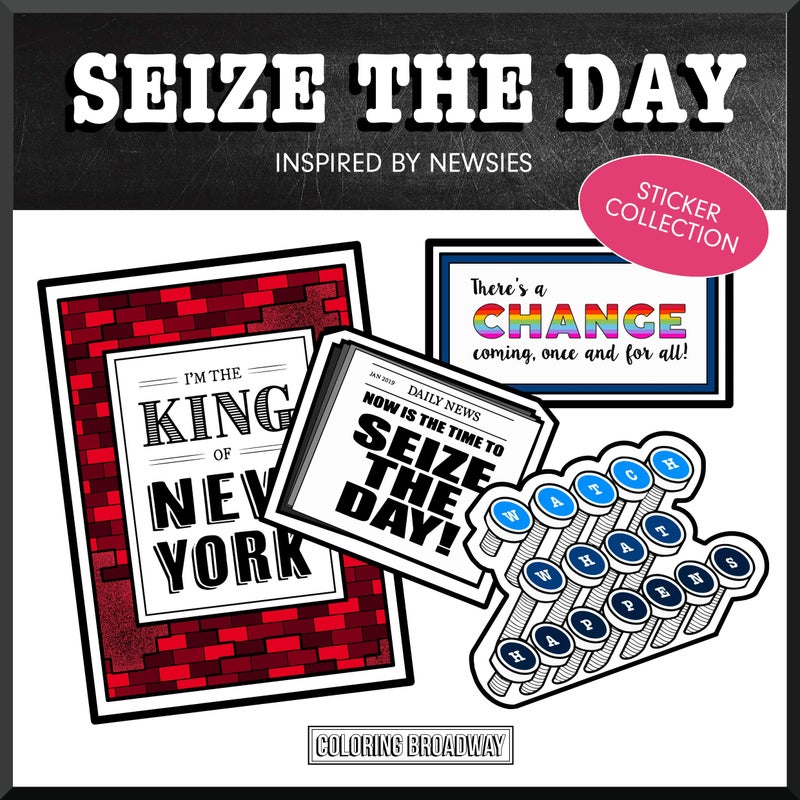 Coloring Broadway - NEWSIES inspired Stickers (Set of 4) â€œSeize The Dayâ€ Collection, Broadway Musical Merchandise, Die-Cut & Bubble Free Vinyl, Ideal Gift for Theatre Lovers, Broadway Theater Stickers - Image 1